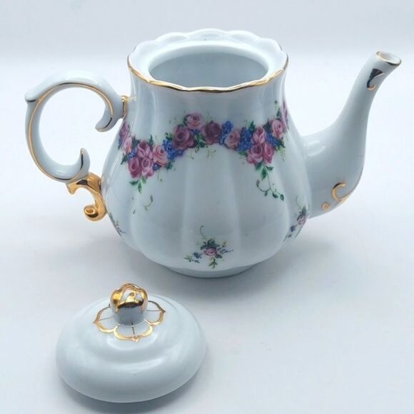 Porcelain Tea For One Floral Stackable 3 Piece Tea Set Roses Gold Trim - Picture 7 of 11